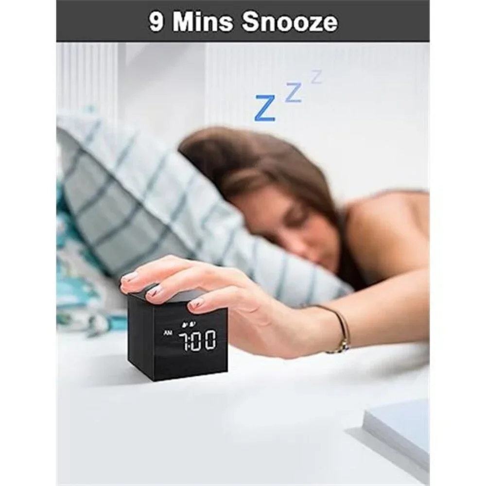 Digital Alarm Clock Wooden LED Display Dual Alarm Small Mini Bedside Clock Black